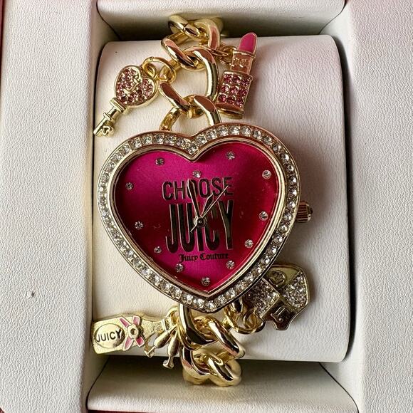 NIB JUICY COUTURE Gold Pink Rhinestone Heart Watch Charm Bracelet Crest Key GIFT - Picture 16 of 16